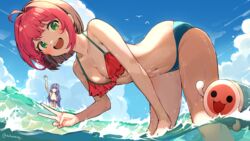  2girls :d ahoge alisa_(osu!) arm_up beach bent_over bikini black_hair blue_eyes blue_sky breasts cleavage cloud collarbone frilled_bikini frills green_eyes highres large_breasts medium_breasts multicolored_hair multiple_girls navel osu! outdoors pink_hair pippi_(osu!) purple_bikini purple_hair second-party_source simple_bird sky smile solo_focus summer swimsuit taiko_no_tatsujin teeth tofumang twitter_username two-tone_hair upper_teeth_only v wada_don wading waves waving wet 