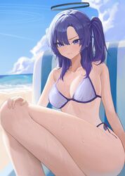  bare_arms bare_legs bare_shoulders beach bikini blue_archive blush breasts closed_mouth collarbone day feet_out_of_frame female hair_between_eyes halo halterneck highres knees_together_feet_apart knees_up legs long_hair mechanical_halo medium_breasts ocean outdoors purple_eyes purple_hair side-tie_bikini_bottom solo starblue string_bikini swimsuit thighs two_side_up wet white_bikini yuuka_(blue_archive) 