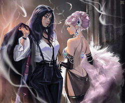  2girls ass backless_dress backless_outfit belt black_belt black_gloves black_jacket black_necktie black_panties black_pants black_thighhighs blazer blue_eyes blue_hair bracelet breasts cigarette coat commentary dress earrings elbow_gloves english_commentary fur_coat gloves green_eyes hair_behind_ear highres holding holding_clothes holding_coat holding_jacket jacket jewelry long_hair medium_breasts multiple_girls necktie original panties pants pink_lips purple_hair shirt_tucked_in smoking tatti_art thighhighs thong underwear unworn_coat unworn_jacket variant_set white_coat 