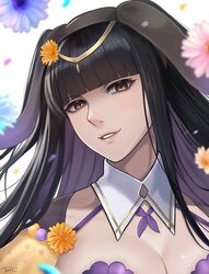  black_hair blue_flower blunt_bangs breasts brown_eyes circlet cleavage detached_collar female fire_emblem fire_emblem_awakening fire_emblem_heroes floral_background flower gerbera highres jewelry lips long_hair looking_at_viewer official_alternate_costume orange_flower pink_flower smile solo tharja_(fire_emblem) tharja_(spring)_(fire_emblem) tori_art07 two_side_up 