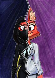  absurd_res anthro bodysuit canid canine clothing crimson_paw diane_foxington dreamworks eyebrow_piercing facial_piercing female fox hi_res hood looking_at_viewer mammal marker_(artwork) mask necktie piercing skinsuit solo split_screen stirren suit the_bad_guys tight_clothing traditional_media_(artwork) 