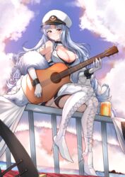  absurdres alcohol armpit_crease azur_lane bare_shoulders beer beer_mug blush boots breasts chains cleavage cloud coat cross-laced_footwear cup dress elbow_gloves evening female full_body fur_coat gloves guitar hat highres holding holding_guitar holding_instrument instrument jewelry kghazir large_breasts long_hair looking_at_viewer mole mole_on_breast mug music off_shoulder on_railing open_clothes open_coat outdoors peaked_cap playing_guitar playing_instrument railing red_eyes ring sitting smile solo tallinn_(azur_lane) thigh_boots thighhighs wedding_ring white_dress white_footwear white_gloves white_hair white_hat wrist_cuffs 