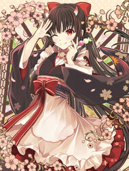  apron azur_lane black_kimono brown_hair dango falling_feathers feathers female floral_print_kimono flower food frilled_apron frills highres horns japanese_clothes kimono kimono_skirt long_hair long_sleeves looking_at_viewer maid maya_(tirolpop) official_alternate_costume pink_flower red_eyes sakawa_(azur_lane) sakawa_(the_colors_of_love)_(azur_lane) sanshoku_dango solo very_long_hair wa_maid wagashi white_apron wide_sleeves 