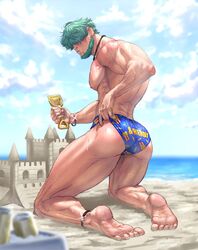  1boy ass bara beach beard blue_male_swimwear blush bracelet carless_(ppanic) cloud day facial_hair fire_emblem fire_emblem:_the_blazing_blade green_hair hair_between_eyes highres jewelry kneeling large_pectorals lowen_(fire_emblem) male_focus male_swimwear muscular muscular_male nipples outdoors pectorals sand_castle sand_sculpture short_hair sky solo thick_thighs thighs 