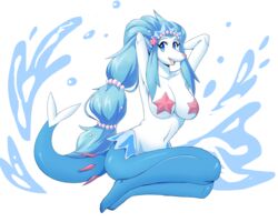  2024 5:4 anthro anthrofied asterozoan big_breasts blue_body blue_eyes breasts echinoderm female gem generation_7_pokemon hands_behind_head hi_res inget marine nintendo open_mouth pearl_(gem) pinup pokemon pokemon_(species) pose primarina simple_background smile solo starfish starfish_(accessory) starfish_bra water white_body 