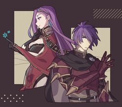  1boy armor black_background black_cape black_gloves breasts cape cleavage closed_mouth commentary_request cropped_legs cropped_torso deen_(fire_emblem_gaiden) earrings eyeshadow female fire_emblem fire_emblem_echoes:_shadows_of_valentia gauntlets gloves haconeri jewelry large_breasts long_hair makeup pelvic_curtain purple_eyes purple_eyeshadow purple_hair sonya_(fire_emblem_gaiden) spiked_armor tiara two-tone_background white_background 