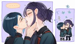  ... 2girls after_kiss asticassia_school_uniform blue_eyes blue_hair blush braid closed_eyes colored_inner_hair commentary_request ear_blush eye_contact gundam gundam_suisei_no_majo hand_on_another&#039;s_neck heart highres kissing kissing_cheek looking_at_another maybecrosswise multicolored_hair multiple_girls nika_nanaura purple_hair sabina_fardin saliva saliva_trail school_uniform short_hair shoulder_boards sitting spoken_ellipsis sweat tongue tongue_out translation_request two-tone_hair yuri 