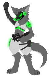  alpha_channel anthro barefoot biped border c.a.m. canid canine canis claws cybernetic_arm cybernetic_hand cybernetic_limb cybernetics digital_drawing_(artwork) digital_media_(artwork) digitigrade feet fingers fist flat_colors fluffy fluffy_ears fluffy_tail fur glowing glowing_body glowing_eyes green_body green_eyes grey_body grey_fur gun hair handgun holding_object holding_ranged_weapon holding_weapon jackal kytcrafts machine male mammal metal metallic_body military neck_tuft p90 pistol_holster prosthetic prosthetic_arm prosthetic_hand prosthetic_limb protogen protogen_armor protogen_face protogen_visor protogenized raised_arm raised_fist ranged_weapon revolver screen screen_face simple_background smile solo special_forces standing submachine_gun tail toe_claws toes transparent_background transparent_border tuft weapon yuri_chacal 