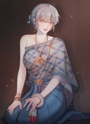  absurdres blue_skirt bracelet brown_eyes closed_mouth commentary earrings english_commentary female grey_hair hair_bun highres jewelry looking_at_viewer maybecrosswise necklace original seiza single_bare_shoulder sitting skirt solo sparkle 