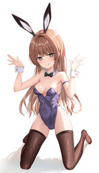  absurdres animal_ears armband black_bow black_bowtie black_thighhighs bow bowtie breasts brown_eyes cleavage commentary covered_navel detached_collar female grey_leotard heart heart-shaped_pupils highres kukeylove leotard light_brown_hair long_hair looking_at_viewer medium_breasts original playboy_bunny rabbit_ears rabbit_pose rabbit_tail simple_background solo strapless strapless_leotard symbol-shaped_pupils tail thighhighs tongue tongue_out white_background wrist_cuffs 