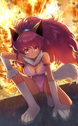  animal_ears arm_strap breasts cat_ears cat_tail cleavage cleavage_cutout clenched_hand closed_mouth clothing_cutout commission female fire full_body heart_cutout highres leotard long_hair looking_at_viewer oerba_yun_fang perisie_(star_ocean) pink_eyes pink_hair pink_leotard skeb_commission smile solo star_ocean star_ocean_first_departure tail tori_ririisu 