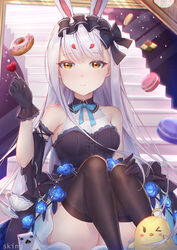  &gt;_o animal_ears azur_lane black_bow black_thighhighs blue_flower blue_rose bow breasts center_frills checkerboard_cookie cookie doughnut dress female five_of_spades flower food frilled_dress frills gloves hairbow highres long_hair looking_at_viewer macaron manjuu_(azur_lane) official_alternate_costume one_eye_closed purple_dress purple_gloves rabbit_ears rose shimakaze_(azur_lane) shimakaze_(the_white_rabbit_of_wonderland)_(azur_lane) sitting sking sleeveless sleeveless_dress small_breasts solo stairs thighhighs very_long_hair white_hair yellow_eyes 