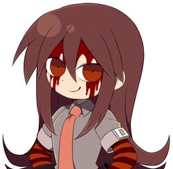  adricarra blood blood_on_face brown_hair collared_shirt commentary english_commentary female funamusea funamusea_(style) grey_shirt hair_between_eyes hands_on_own_hips long_hair looking_to_the_side met_(funamusea) necktie official_style red_arm_warmers red_eyes red_necktie shirt short_sleeves sidelocks simple_background smile solo striped_arm_warmers upper_body white_background 