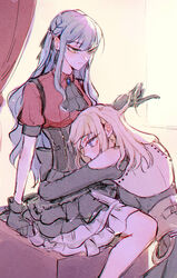  2girls arms_around_waist ascot backless_outfit bang_dream! bang_dream!_it&#039;s_mygo!!!!! between_legs black_ascot black_corset black_gloves black_skirt blonde_hair blue_hair blush closed_mouth clothing_cutout commentary corset curtains gloves hair_intakes hand_in_another&#039;s_hair highres hug looking_at_another maybecrosswise medium_hair misumi_uika multiple_girls puffy_short_sleeves puffy_sleeves purple_eyes red_shirt shirt short_sleeves shoulder_cutout skirt smile togawa_sakiko yellow_eyes yuri 