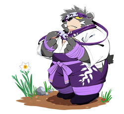  2024 anthro bear black_body black_nose clothed clothing cute_fangs flower gokrakstyle hi_res kemono male mammal ninja ooe_senbee overweight overweight_male plant sengoku_puzzle solo warrior 