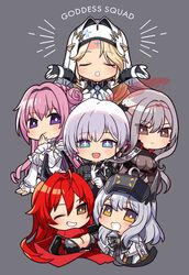  6+girls ahoge black_jacket blonde_hair blue_eyes braid breasts bright_pupils brown_eyes chibi cleavage closed_eyes closed_mouth coif cropped_torso dorothy_(nikke) dress english_text frilled_sleeves frills gloves goddess_(nikke) goddess_of_victory:_nikke grey_background grey_hair grin hair_between_eyes hair_bun hair_intakes head-mounted_display highres jacket katsuma_rei large_breasts liliweiss_(nikke) long_hair long_sleeves looking_at_viewer multiple_girls one_eye_closed open_mouth outstretched_arms pink_hair purple_eyes rapunzel_(nikke) red_hair red_hood_(nikke) red_scarf scarf scarlet_(black_shadow)_(nikke) scarlet_(nikke) simple_background single_hair_bun smile snow_white_(innocent_days)_(nikke) snow_white_(nikke) sparkling_eyes upper_body very_long_hair white_dress white_gloves white_pupils zipper 