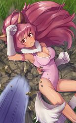  animal_ears arm_strap breasts cat_ears cat_tail cleavage cleavage_cutout clenched_hand closed_mouth clothing_cutout commission dodging feet_out_of_frame female heart_cutout highres leotard long_hair looking_at_viewer oerba_yun_fang perisie_(star_ocean) pink_eyes pink_hair pink_leotard skeb_commission solo star_ocean star_ocean_first_departure tail tori_ririisu 