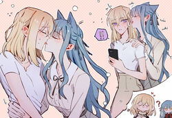  2girls ? animal_ears bang_dream! bang_dream!_it&#039;s_mygo!!!!! black_ribbon blonde_hair blue_hair blush brown_shirt brown_skirt cat_ears cellphone closed_eyes closed_mouth commentary french_kiss hair_ribbon hand_on_another&#039;s_shoulder hand_on_another&#039;s_waist heart holding holding_phone imagining kemonomimi_mode kissing licking licking_ear long_hair maybecrosswise medium_hair misumi_uika multiple_girls neck_ribbon parted_lips phone purple_eyes red_shirt ribbon shirt short_sleeves skirt smartphone smile sweatdrop thought_bubble togawa_sakiko tongue tongue_out twintails white_shirt yellow_eyes yuri 