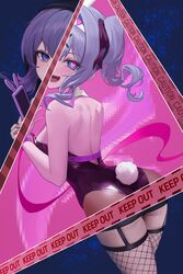  :d animal_ears ass bare_shoulders black_hairband black_leotard black_nails blue_eyes blush breasts caution_tape cellphone fake_animal_ears fake_tail female fishnet_thighhighs fishnets from_behind geomissword grey_hair hairband hatsune_miku highres holding holding_phone keep_out leotard long_hair looking_at_viewer looking_back medium_breasts multicolored_hair nail_polish open_mouth phone pink_hair playboy_bunny rabbit_ears rabbit_hole_(vocaloid) rabbit_tail short_twintails sideboob sidelocks smartphone smile solo strap_gap tail thighhighs twintails two-tone_hair uvula vocaloid white_hairband wrist_cuffs 