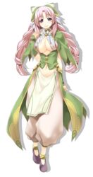  atelier-moo braid breasts cleavage closed_mouth curtained_hair detached_sleeves dress female full_body hair_ribbon highres large_breasts long_hair navel nina_lazydaisy pink_eyes pink_hair ribbon shoes smile solo standing transparent_background twin_braids very_long_hair wizards_symphony 