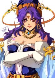  akane_kazami bare_shoulders breast_tattoo breasts cape celine_jules cleavage closed_mouth crossed_arms dated dress earrings elbow_gloves facial_mark female forehead_mark gloves hat heart heart_tattoo highres jewelry lipstick long_hair looking_at_viewer makeup pointy_hat purple_dress purple_hair simple_background smile solo star_ocean star_ocean_the_second_story tattoo white_background witch_hat 