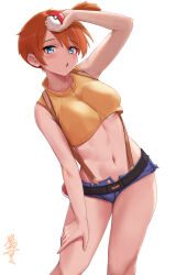 absurdres bare_arms bare_shoulders belt black_belt blue_eyes blue_shorts breasts commentary_request crop_top feet_out_of_frame female hand_on_lap highres holding holding_poke_ball kasumi_(pokemon) looking_at_viewer medium_breasts miyama_mizuki_(hoshihoshi1220) navel open_fly orange_hair parted_lips poke_ball pokemon pokemon:_the_electric_tale_of_pikachu shirt short_hair short_shorts shorts side_ponytail signature simple_background sleeveless sleeveless_shirt solo standing stomach suspender_shorts suspenders underboob white_background yellow_shirt 