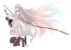  archery bikini blush boots bow_(weapon) breasts brown_eyes female gloves hairband highres kantai_collection kyuudou long_hair medium_breasts navel neve_(morris-minicooper) partially_fingerless_gloves sarong shoukaku_(kancolle) smile swimsuit weapon white_bikini white_hair white_sarong yugake yumi_(bow) 