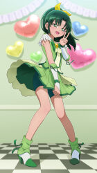  :d absurdres balloon bike_shorts bike_shorts_under_skirt blush boots checkered_floor clothes_lift commentary contrapposto cosplay cure_march cure_march_(cosplay) curtained_hair dress dress_lift embarrassed female full_body furrowed_brow green_boots green_dress green_eyes green_hair green_shorts green_theme green_wrist_cuffs hair_ribbon hand_up heart heart_balloon highres indoors long_hair looking_at_viewer magical_girl midorikawa_nao open_mouth ponytail precure ribbon self_cosplay short_dress shorts sleeveless sleeveless_dress smile smile_precure solo standing tiler_(tiler00) two-tone_wrist_cuffs v white_wrist_cuffs wrist_cuffs yellow_ribbon 