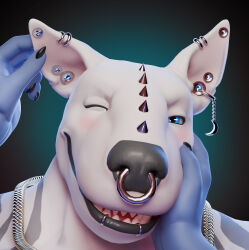  2025 3d_(artwork) absurd_res anthro black_lips blender_(artwork) blue_eyes bull_terrier canid canine canis closed_eyes digital_media_(artwork) domestic_dog duo ear_piercing edvardiko facial_piercing hand_on_cheek headshot_portrait hi_res hunting_dog jewelry lip_piercing lips looking_at_viewer male mammal necklace nose_piercing nose_ring petting piercing portrait ring_piercing simple_background smile spikes teeth teeth_showing terrier white_body 