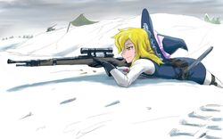  adapted_costume aiming blonde_hair bolt_action buncha_to_imon commentary_request contemporary female gloves gun hat kirisame_marisa knife looking_through_scope mauser_98 rifle shell_casing sniper_rifle snow solo touhou weapon witch_hat yellow_eyes 