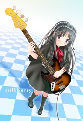  akiyama_mio bass_guitar black_eyes black_hair checkered_floor commentary_request dress female full_body fuwafuwa_time gothic_lolita instrument k-on! kisaragi_miyu kneehighs lolita_fashion long_hair perspective socks solo standing 