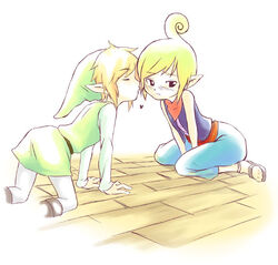  1boy blonde_hair blush female hat inumimi_moeta kissing link neckerchief pointy_ears sandals straight tetra the_legend_of_zelda the_legend_of_zelda:_the_wind_waker toon_link 