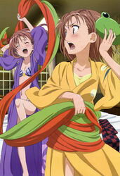  2girls absurdres bed blush bow bra brown_eyes brown_hair closed_eyes flat_chest frog_mask gekota green_mask hairbow highres holding holding_mask imageboard_desourced japanese_clothes kimono lingerie mask misaka_mikoto multiple_girls nakamura_naoto non-web_source nyantype obi obi_spin official_art open_mouth sash shirai_kuroko toaru_kagaku_no_railgun toaru_majutsu_no_index underwear unworn_mask yukata 