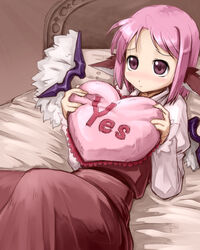  animal_ears bed blush commentary_request eye_reflection female frilled_pillow frills heart heart-shaped_pillow highres hugging_object lying mystia_lorelei no_headwear on_back photoshop_(medium) pillow pillow_hug pink_hair purple_eyes reflection short_hair solo touhou valentine wings yes yes-no_pillow you_naka 