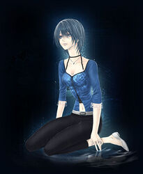  belt black_hair blue_eyes blush denim fatal_frame fatal_frame_3 female jeans jewelry kurosawa_rei mole navel pants rain shoes solo yusa_tk74 