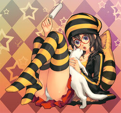  :o breasts brown_eyes brown_hair checkered_background chinese_commentary cleavage commentary_request feline female food glasses hat lvans nanasaki_aki open_mouth original panties pantyshot photoshop_(medium) pillow popsicle purple_eyes short_hair sitting skirt small_breasts solo star_(symbol) striped_clothes striped_thighhighs thighhighs underwear white_panties yellow_thighhighs 