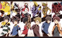  6+boys atlurkabuterimon bad_id bad_pixiv_id black_hair black_shirt blonde_hair blue_shirt brown_hair closed_mouth collared_shirt column_lineup creator_connection crossover dark-skinned_male dark_skin digimon digimon_(creature) digimon_adventure digimon_adventure:_bokura_no_war_game goggles goggles_on_head hair_over_one_eye hajime_(hajime-ill-1st) hand_in_pocket hand_on_own_hip highres ikezawa_kazuma ishida_yamato izumi_koshiro jacket jinnouchi_wabisuke kari-kenji king_kazma koiso_kenji letterboxed long_sleeves looking_at_viewer love_machine male_focus metalgarurumon multiple_boys one_eye_covered open_clothes open_jacket orange_jacket print_shirt red_tank_top serious shirt short_hair short_sleeves spiked_hair star_(symbol) star_print striped_clothes striped_shirt summer_wars t-shirt tank_top wargreymon yagami_taichi 