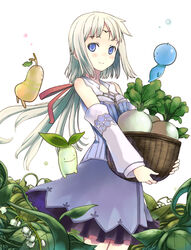  basket blue_eyes blush circlet commentary_request creature detached_sleeves dress female flower hair_ribbon holding katase_yuu lily_of_the_valley long_hair looking_at_viewer md5_mismatch mist_(rune_factory) parted_bangs plant ponytail resolution_mismatch ribbon rune_factory rune_factory_1 rune_factory_frontier runey smile solo source_smaller tiara turnip white_flower white_hair 