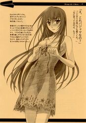  :d absurdres blush breasts cleavage dress ever_17 female highres komachi_tsugumi long_hair medium_breasts monochrome official_art open_mouth ribbon scan short_dress sideboob simple_background smile solo standing sundress takigawa_yuu translated very_long_hair 