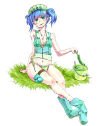  arm_support bikini bikini_under_clothes blue_eyes blue_hair blush boots breasts bucket cleavage commentary_request cucumber female hair_bobbles hair_ornament hat hot jewelry kawashiro_nitori key mafuyu_hemp medium_breasts navel necklace screwdriver shoe_dangle shoe_pull short_hair solo sweat swimsuit touhou twintails two_side_up 