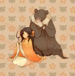  ahoge animal axis_powers_hetalia bad_id bad_pixiv_id bear black_hair brown_eyes china_dress chinese_clothes dress female flower frills hair_flower hair_ornament highres kneeling long_hair luce-in-the-sky sleeves_past_wrists smile solo taiwan taiwan_(hetalia) 