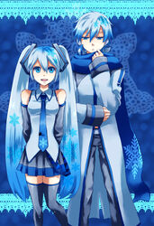  1boy alternate_costume bad_id bad_pixiv_id blue_eyes blue_hair blue_scarf coat cosplay creamyya detached_sleeves female hatsune_miku headphones headset kaito_(vocaloid) long_hair necktie scarf short_hair skirt smile snow snowflakes thighhighs twintails very_long_hair vocaloid yuki_kaito yuki_miku yuki_miku_(2010) yuki_miku_(cosplay) 