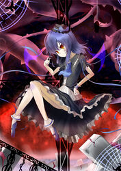  alternate_color blue_hair commentary_request female hand_on_own_hip hat masa_(miyabitei) orange_eyes remilia_scarlet short_hair sitting solo touhou twirling_hair wrist_cuffs 