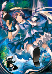  alice_(alice_in_wonderland) alice_in_wonderland bad_id bad_pixiv_id blue_dress book braid dress falling female hairband layered_dress long_hair maguchimo petticoat pocket_watch purple_eyes purple_hair solo tree twin_braids watch white_rabbit_(alice_in_wonderland) 