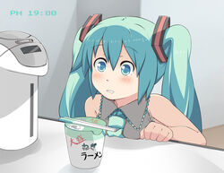  aqua_eyes aqua_hair blush chopsticks clock clockshow cup_ramen female food hatsune_miku long_hair masuneko necktie photoshop_(medium) saliva solo timestamp twintails vocaloid water_boiler 