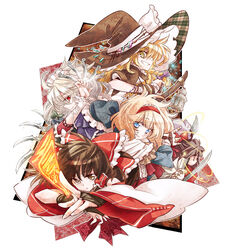  4girls alice_margatroid alternate_costume arata_iri blonde_hair blue_eyes brown_eyes brown_hair crossed_arms doll green_eyes grin hairband hakurei_reimu hat izayoi_sakuya kirisame_marisa knife lantern multiple_girls ofuda red_eyes serious short_hair smile string sword touhou weapon white_hair witch_hat 