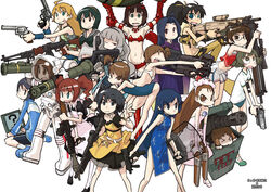  6+girls ? akizuki_ritsuko akizuki_ryo amami_haruka ammunition_belt apron assault_rifle at4 b&amp;t_mp9 battle_rifle bipod black-framed_eyewear black_dress black_shorts blue_dress blue_footwear blue_one-piece_swimsuit bomb bow box bullpup call_of_duty call_of_duty:_modern_warfare_2 call_of_duty_4 china_dress chinese_clothes collared_dress commentary_request computer desert_eagle dress drum_magazine dual_wielding eotech everyone explosive feet_out_of_frame finger_on_trigger fn_f2000 fn_scar fn_scar_17 foregrip futami_ami futami_mami ganaha_hibiki gatling_gun glasses green_bow group_picture gun gym_uniform h&amp;k_mp5k hagiwara_yukiho handgun helmet hidaka_ai holding holding_gun holding_rocket_launcher holding_shield holding_weapon hoshii_miki idolmaster idolmaster_(classic) idolmaster_dearly_stars in_box in_container japanese_clothes kikuchi_makoto kisaragi_chihaya laptop light_machine_gun looking_ahead looking_at_viewer m4_carbine machine_gun magazine_(weapon) maid_apron midriff minase_iori miura_azusa mizutani_eri multiple_girls navel nightmare_blood_(idolmaster) one-piece_swimsuit one_eye_closed optical_sight otonashi_kotori p90 pointing_gun revolver rifle riot_shield rocket_launcher rpd rpg-7 rpg_(weapon) sailor_collar sawed-off_shotgun school_swimsuit school_uniform semi-rimless_eyewear serafuku shield shijou_takane shirt short_sleeves shorts shotgun simple_background sitting sleeveless sleeveless_dress sniper_rifle socks space_helmet spacesuit standing stomach submachine_gun swimsuit takatsuki_yayoi tongue tongue_out tugeneko two-handed under-rim_eyewear vertical_foregrip walther walther_wa_2000 weapon white_apron white_background white_sailor_collar white_shirt white_socks 