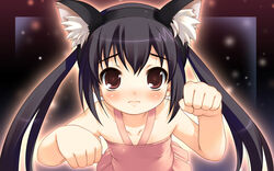  akiba_hideki animal_ear_fluff animal_ears bare_shoulders black_hair black_hairband blush brown_eyes cat_ears clenched_hands collarbone dress fake_animal_ears female flat_chest foreshortening frilled_dress frills frown hairband halterneck k-on! lolicon long_hair looking_at_viewer nakano_azusa paw_pose pink_dress solo twintails upper_body 