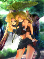  2girls ayla_(chrono_trigger) blonde_hair boots carrying caveman chrono_cross chrono_trigger closed_eyes commentary_request crop_top gloves green_eyes leah_(chrono_cross) long_hair midriff miniskirt mother_and_daughter motherly multiple_girls photoshop_(medium) piggyback skirt tommy0117 