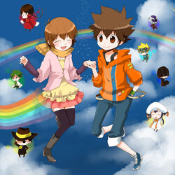  2girls 6+boys arcobaleno brown_hair cloud colonello commentary_request day fon_(reborn) holding_hands kano_(coyotehunt) katekyo_hitman_reborn! luce_(reborn) mammon_(reborn) multiple_boys multiple_girls pantyhose rainbow reborn sasagawa_kyouko sawada_tsunayoshi skull_(reborn) sky thighhighs verde_(reborn) 